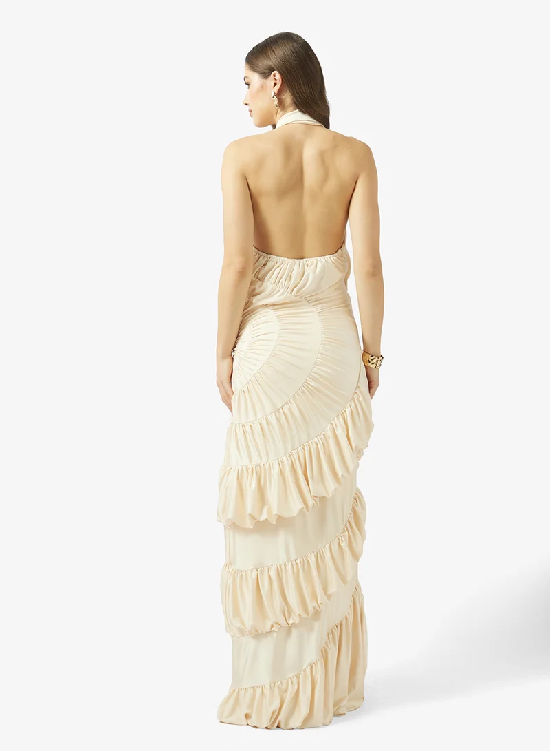 Ginger Boutique Halter Neck Ruched Frill Detail Evening Dress